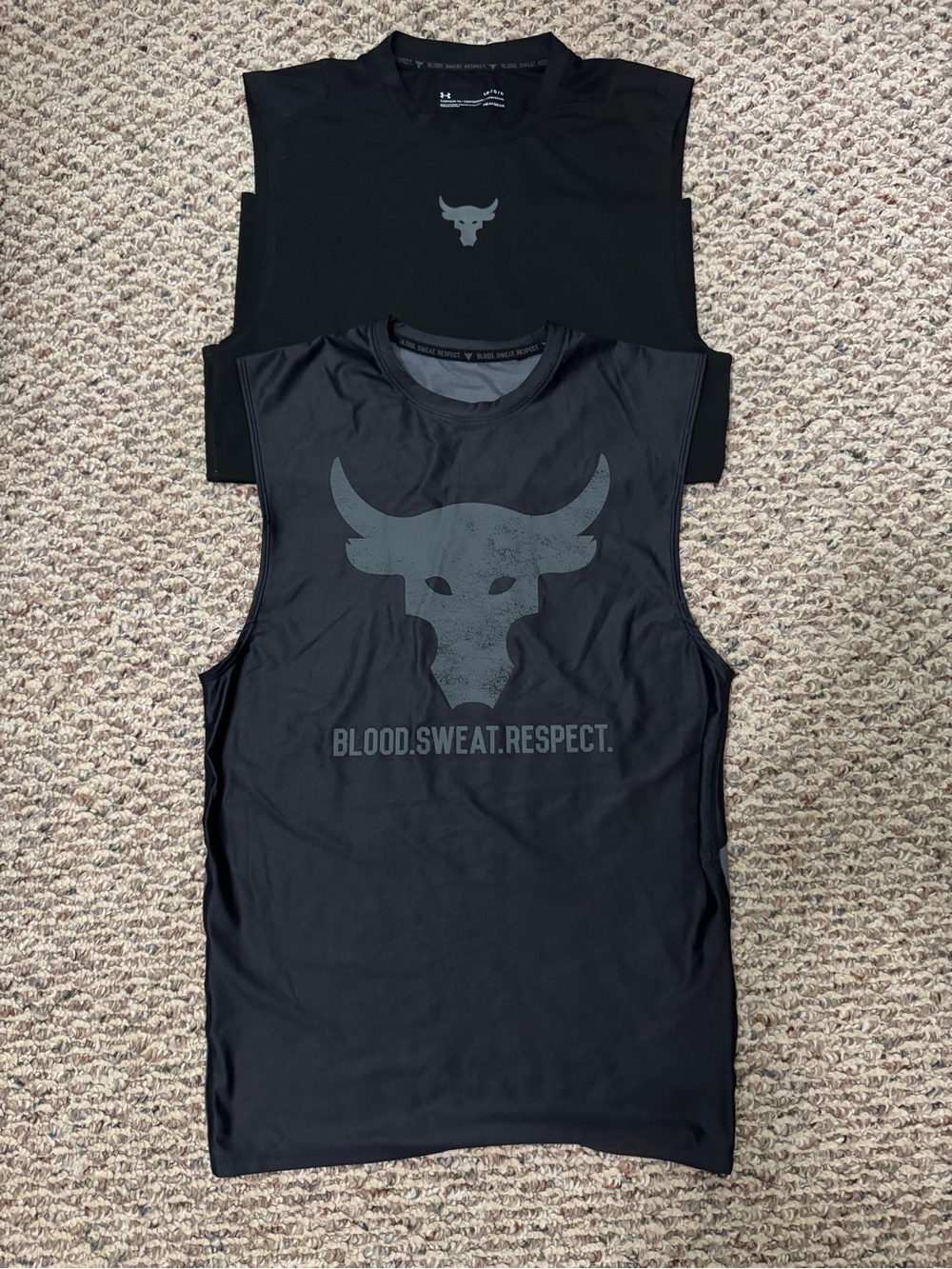 Under Armour Black Project Rock Sleeveless Training Tees with Bull Logo